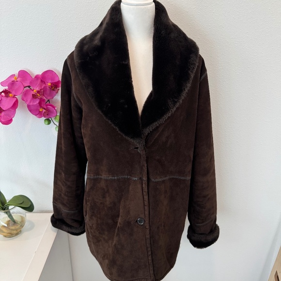 Marvin Richards Faux Suede Chocolate Brown Coat Size M Faux Fur Trim & Lining M - Picture 1 of 16